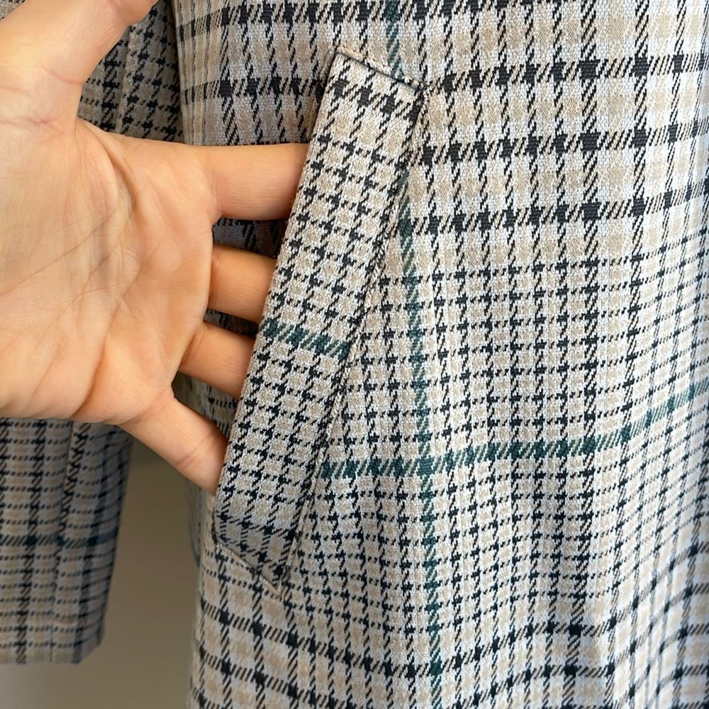 Melloday TRENCH COAT GREY BLUE PLAID SLASH POCKET OPEN FRONT - Picture 3 of 7